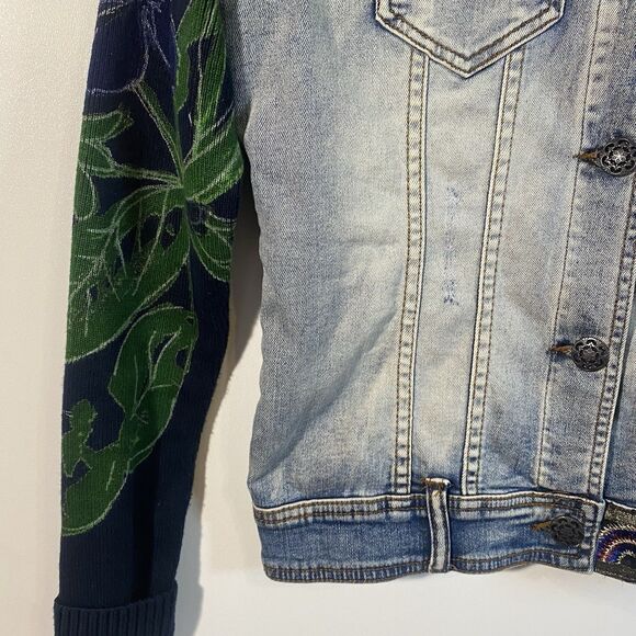 DESIGUAL Denim Jacket Womens EU 36 (US 6) Designer Artistic Knit Sleeve Boho - Picture 10 of 13